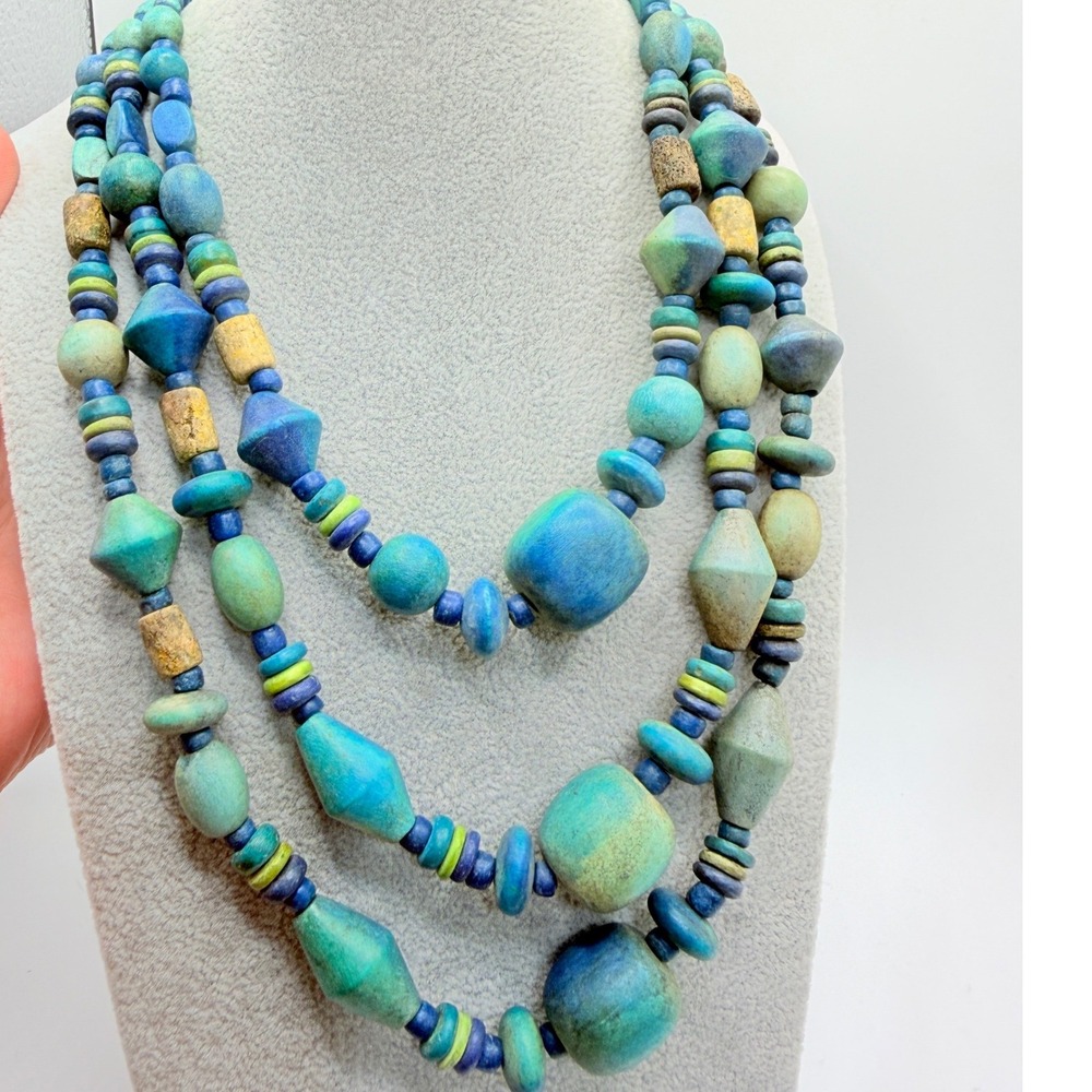 Vintage Multi Strand Wood Bead Necklace Blue Green Teal Boho Geometric Statement - Picture 2 of 16